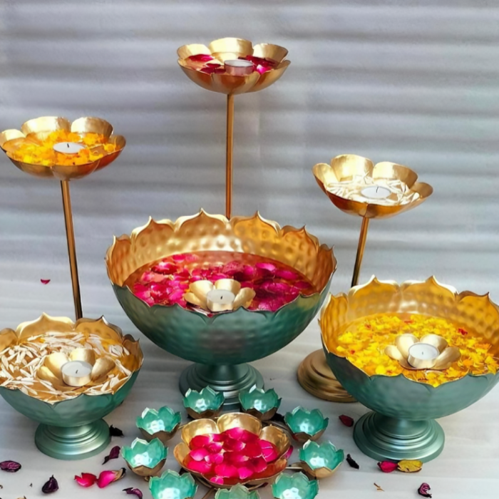 Colorful Urli with Standing Diya & Rangoli Set